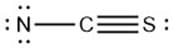 This image depicts the Lewis structure of the thiocyanate ion (SCN^-). In this diagram, the bonds between atoms and the placement of lone pairs of electrons are illustrated.

Here is a detailed explanation of the components of the structure:

1. **Nitrogen (N):** On the left side of the structure, the nitrogen atom is connected to the carbon atom by a single bond. The nitrogen atom has a total of two lone pairs of electrons, represented by two pairs of dots around it. This implies that there are two regions with unshared electrons on the nitrogen.

2. **Carbon (C):** The carbon atom is centrally located in this structure and bonded to both the nitrogen and sulfur atoms. It forms a single bond with nitrogen and a triple bond with sulfur. The triple bond is represented by three parallel lines between the carbon and sulfur atoms.

3. **Sulfur (S):** On the right side of the structure, the sulfur atom is bonded to the carbon atom via a triple bond. Additionally, the sulfur atom has one lone pair of electrons, represented by a pair of dots adjacent to it.

The structure showcases a common representation of the thiocyanate ion conjugation and the sharing of electrons among the nitrogen, carbon, and sulfur atoms. The use of lone pairs and multiple bonds indicates the necessity of representing all valence electrons accurately to satisfy the octet rule for each atom in the thiocyanate ion.