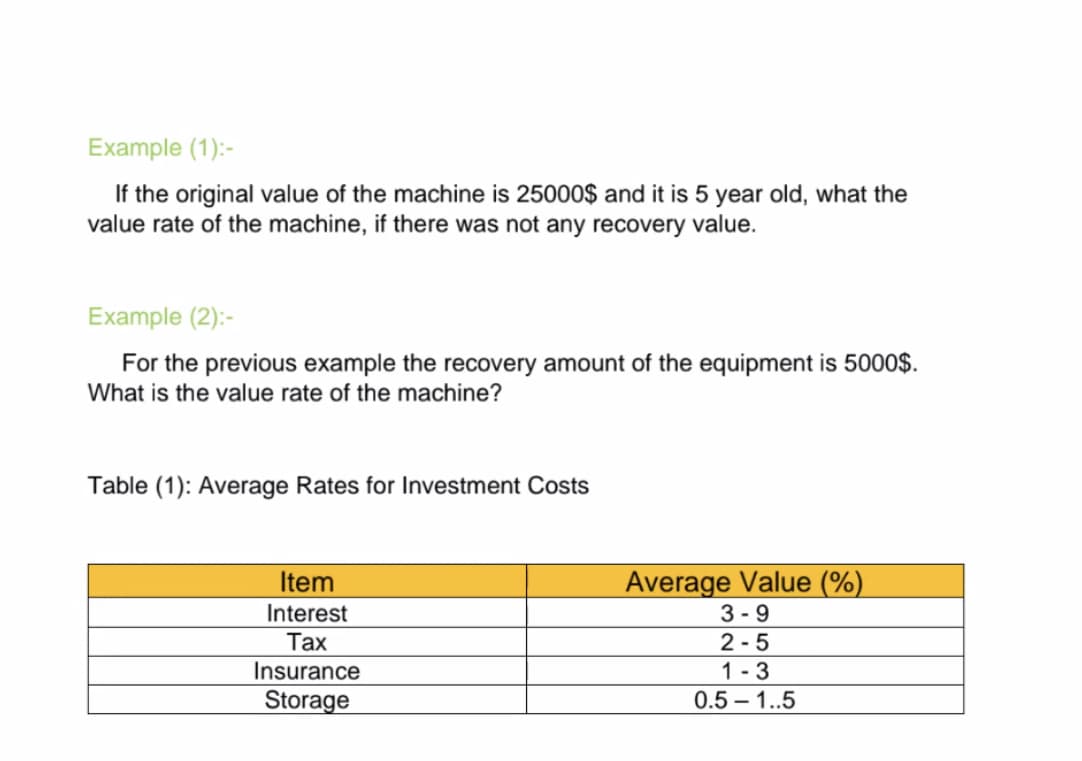 Example (1):-
If the original value of the machine is 25000$ and it is 5 year old, what the
value rate of the machine, if there was not any recovery value.
Example (2):-
For the previous example the recovery amount of the equipment is 5000$.
What is the value rate of the machine?
Table (1): Average Rates for Investment Costs
Average Value (%)
3 - 9
2 - 5
1 - 3
0.5 – 1..5
Item
Interest
Тах
Insurance
Storage
