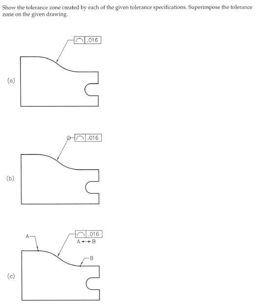 Show the tolerance zone created by each of the given tolerance specifications. Superimpose the tolerance
zone on the given drawing.
(0)
(b)
(c)
.016
016
.016
AB