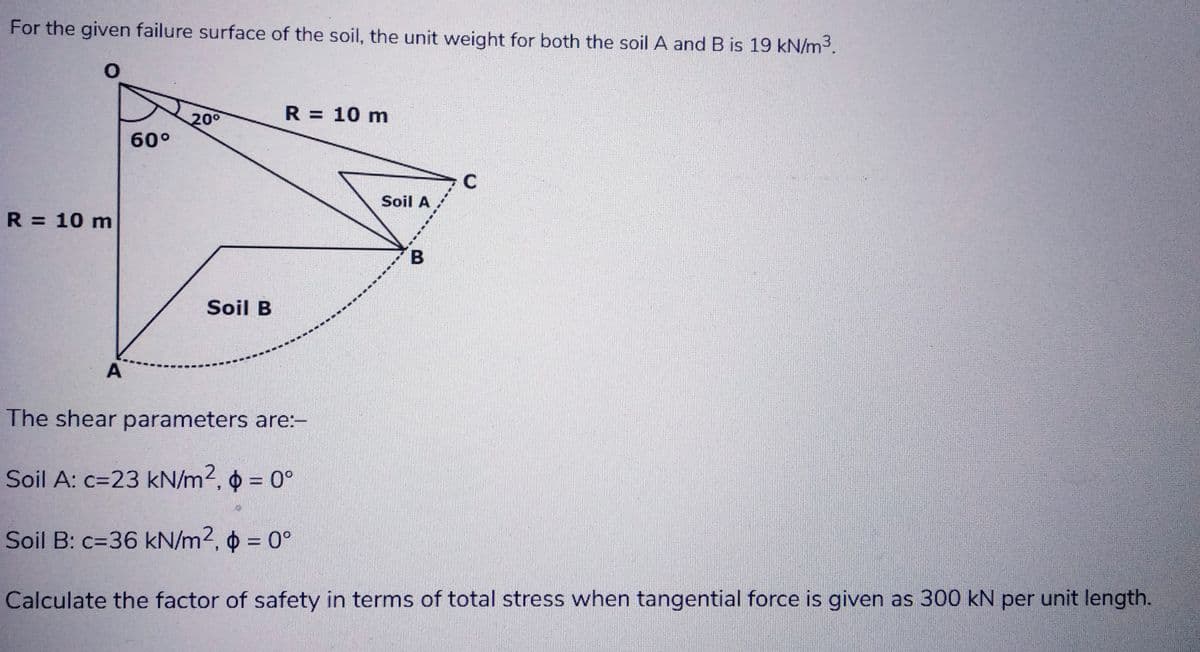 For the given failure surface of the soil, the unit weight for both the soil A and B is 19 kN/m³.
O
R = 10 m
A
60°
20⁰
Soil B
R = 10 m
Soil A
B
C
The shear parameters are:-
Soil A: c=23 kN/m², $ = 0°
Soil B: c=36 kN/m², p = 0°
Calculate the factor of safety in terms of total stress when tangential force is given as 300 kN per unit length.