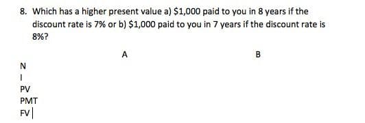 8. Which has a higher present value a) $1,000 paid to you in 8 years if the
discount rate is 7% or b) $1,000 paid to you in 7 years if the discount rate is
8%?
N
I
PV
PMT
FV|
A
B