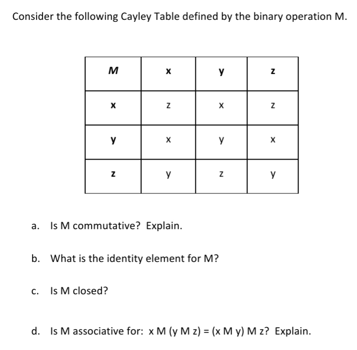 Consider the following Cayley Table defined by the binary operation M.
M
y
y
y
y
a. Is M commutative? Explain.
b. What is the identity element for M?
c. Is M closed?
d. Is M associative for: x M (y M z) = (x M y) M z? Explain.
