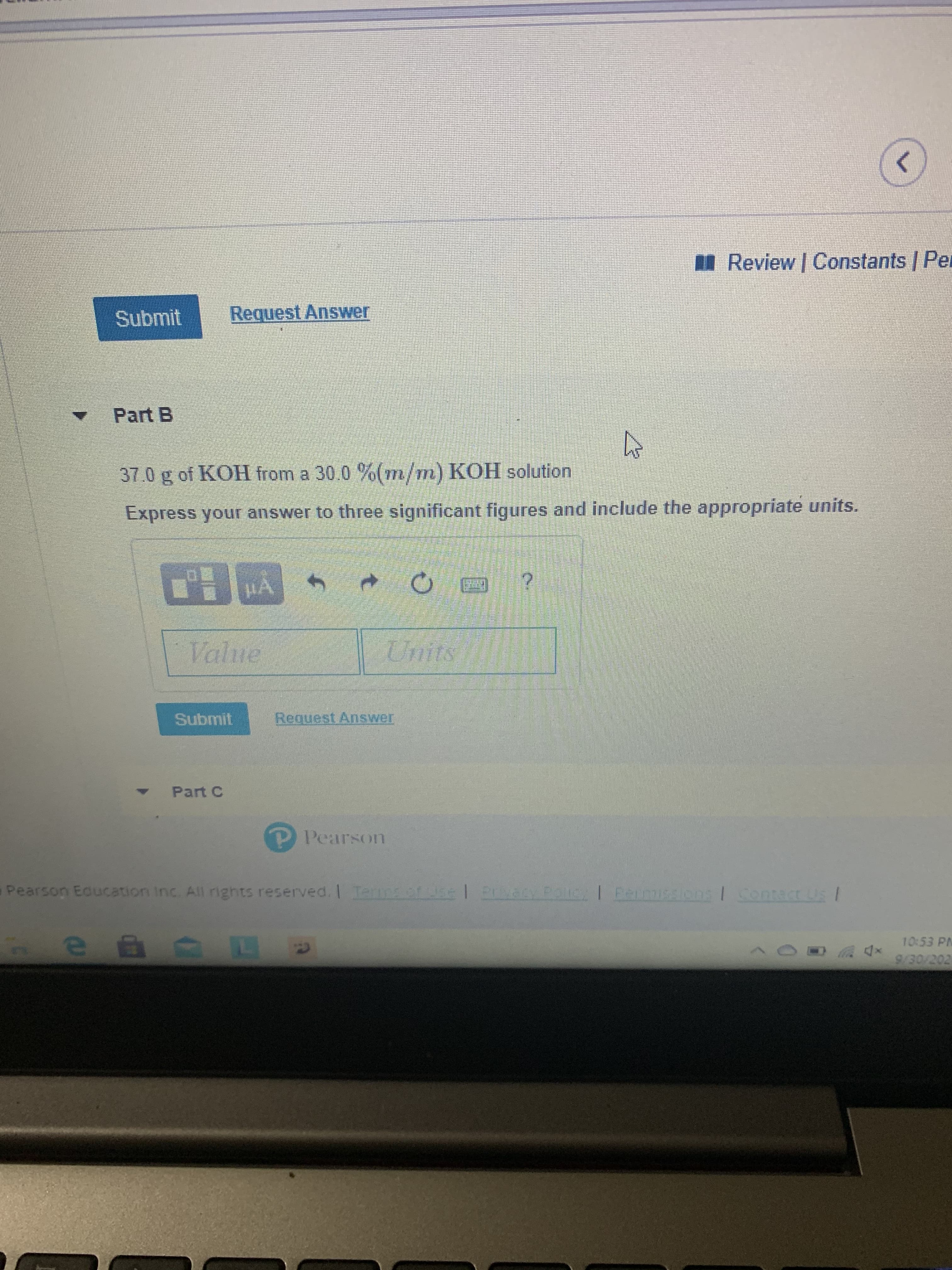 37.0 g of KOH from a 30.0 %(m/m) KOH solution
Express your answer to three significant figures and include the appropriate units.
