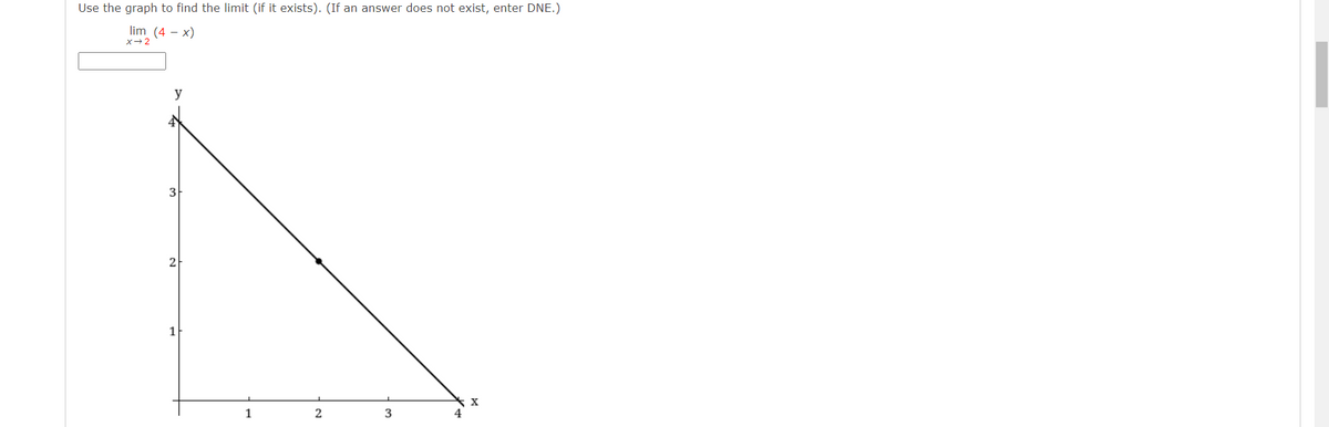 Use the graph to find the limit (if it exists). (If an answer does not exist, enter DNE.)
lim (4 – x)
x-2
y
3
2
1
X
3
4
