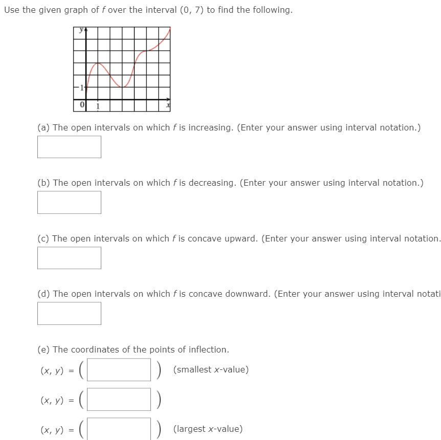 Use the given graph of f over the interval (0, 7) to find the following.
(a) The open intervals on which f is increasing. (Enter your answer using interval notation.)
(b) The open intervals on which f is decreasing. (Enter your answer using interval notation.)
(c) The open intervals on which f is concave upward. (Enter your answer using interval notation.
(d) The open intervals on which f is concave downward. (Enter your answer using interval notati
(e) The coordinates of the points of inflection.
(х, у) %3D
(smallest x-value)
(х, у) %3D
(x, v) = (|
(largest x-value)
