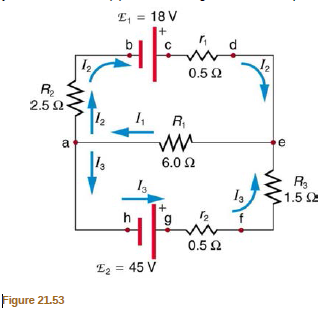 E, = 18 V
%3D
in
0.5 2
b.
2.5 Q
R,
6.0 2
R3
1.52
0.50
E2 = 45 V
Figure 21.53
