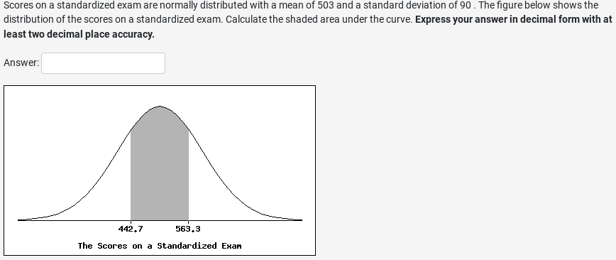 Scores on a standardized exam are normally distributed with a mean of 503 and a standard deviation of 90. The figure below shows the
distribution of the scores on a standardized exam. Calculate the shaded area under the curve. Express your answer in decimal form with at
least two decimal place accuracy.
Answer:
442.7
563.3
The Scores on a Standardized Exan