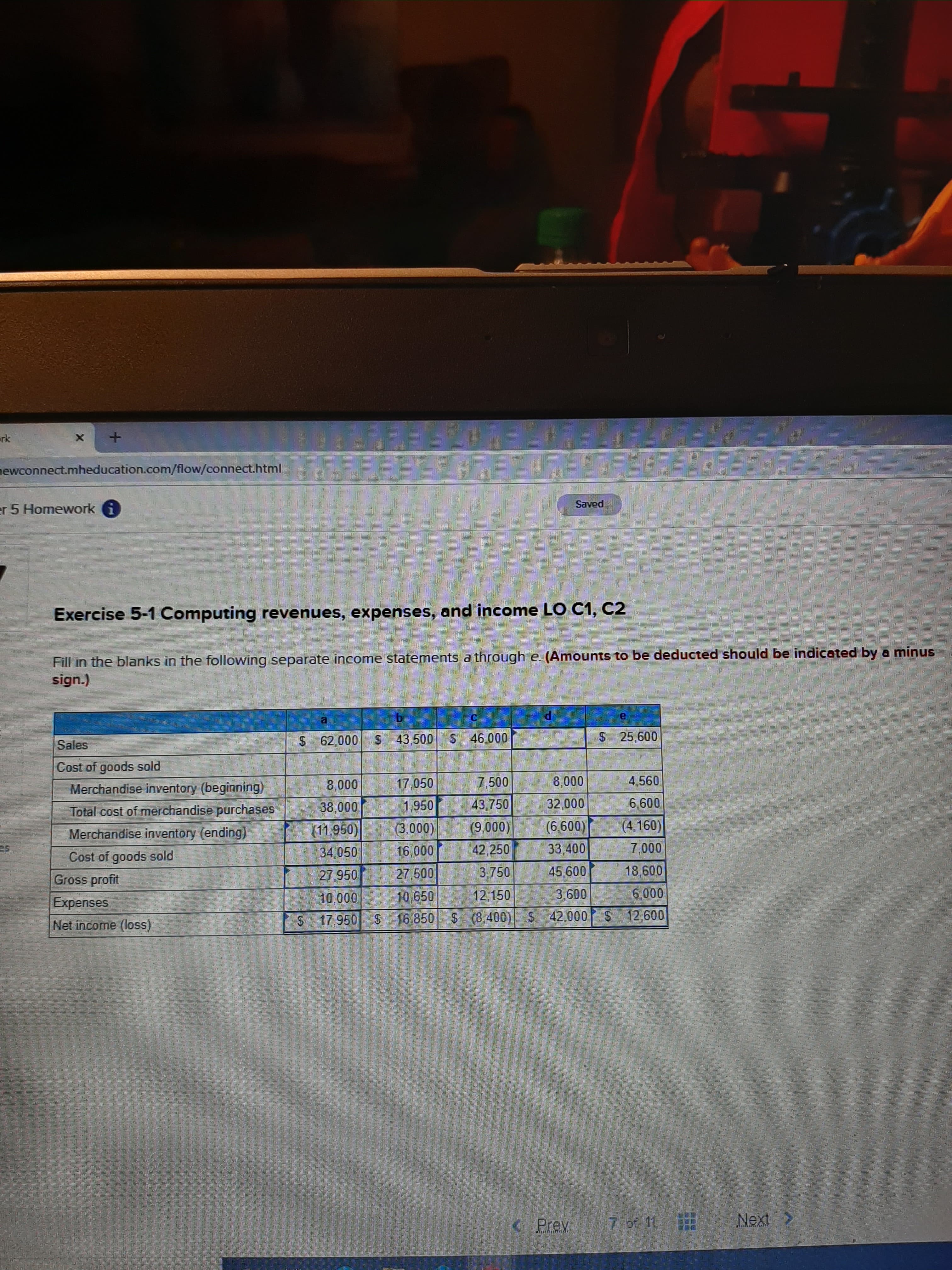 Exercise 5-1 Computing revenues, expenses, and income LO C1, C2
Fill in the blanks in the following separate income statements a through e. (Amounts to be dedu
sign.)
b
Sales
$ 62,000
S 43,500 S 46,000
25,600
Cost of goods sold
Merchandise inventory (beginning)
8,000
17,050
7.500
8,000
4,560
Total cost of merchandise purchases
38,000
1,950
43,750
32,000
6,600
Merchandise inventory (ending)
(11,950)
(3,000)
(9,000)
(6,600)
(4,160)
Cost of goods sold
34 050
16,000
42,250
33,400
7,000
Gross profit
27 950
27,500
3,750
45,600
18,600
10.000
10,650
12,150
3,600
6,000
