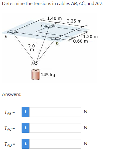 Determine the tensions in cables AB, AC, and AD.
1.40 m
2.25 m
1.20 m
0.60 m
В
D
2.0
AO
145 kg
Answers:
TAB =
i
N
TẠC =
i
N
TAD =
i
N
