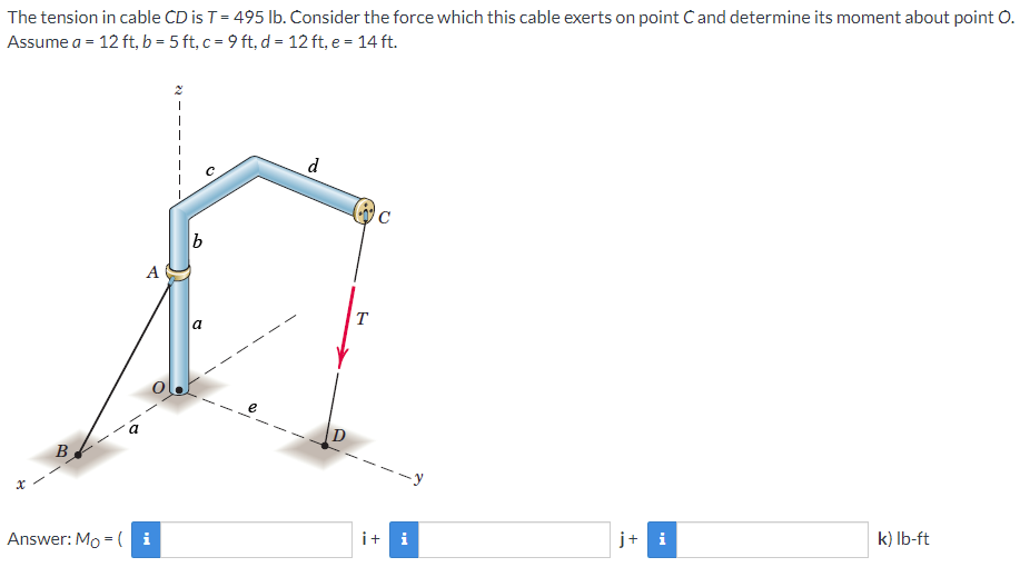 The tension in cable CD is T= 495 Ib. Consider the force which this cable exerts on point Cand determine its moment about point O.
Assume a = 12 ft, b = 5 ft, c = 9 ft, d = 12 ft, e = 14 ft.
d
b
A
T
a
D
B
i+ i
j+ i
k) Ib-ft
Answer: Mo - ( i
