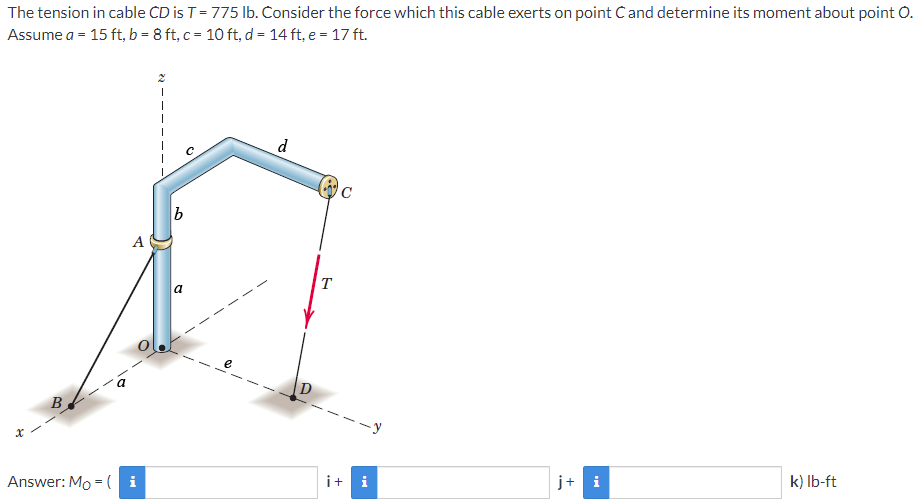 The tension in cable CD is T = 775 Ib. Consider the force which this cable exerts on point Cand determine its moment about point O.
Assume a = 15 ft, b = 8 ft, c = 10 ft, d = 14 ft, e = 17 ft.
A
T
a
D
B
Answer: Mo = (i
i+
i
j+ i
k) Ib-ft
