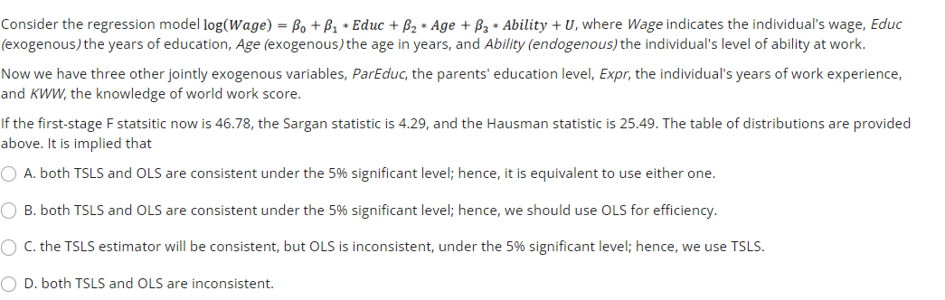 Consider the regression model log(Wage) = Bo + B1 * Educ + ß2 * Age + B3 * Ability + U, where Wage indicates the individual's wage, Educ
(exogenous) the years of education, Age (exogenous) the age in years, and Ability (endogenous) the individual's level of ability at work.
Now we have three other jointly exogenous variables, ParEduc, the parents' education level, Expr, the individual's years of work experience,
and KWW, the knowledge of world work score.
If the first-stage F statsitic now is 46.78, the Sargan statistic is 4.29, and the Hausman statistic is 25.49. The table of distributions are provided
above. It is implied that
O A. both TSLS and OLS are consistent under the 5% significant level; hence, it is equivalent to use either one.
O B. both TSLS and OLS are consistent under the 5% significant level; hence, we should use OLS for efficiency.
O C. the TSLS estimator will be consistent, but OLS is inconsistent, under the 5% significant level; hence, we use TSLS.
O D. both TSLS and OLS are inconsistent.
