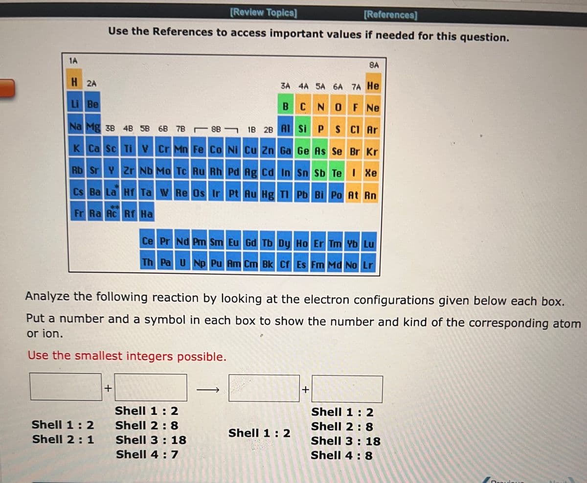 1A
H 2A
Li Be
[Review Topics]
[References]
Use the References to access important values if needed for this question.
Na Mg 38 48 58 68 7B8B
K Ca Sc Ti V Cr Mn Fe Co Ni Cu Zn
Shell 1 : 2
Shell 2:1
1B 2B
Rb Sr Y Zr Nb Mo Tc Ru Rh Pd Ag Cd In Sn Sb Te
+
3A 4A 5A 6A 7A He
BC
CNOF Ne
Cl Ar
Al Si P S
Ga Ge As Se
Shell 1 : 2
Shell 2: 8
Shell 3 : 18
Shell 4: 7
*
Cs Ba La Hf Ta W Re Os Ir Pt Au Hg Tl Pb Bi Po At Rn
Fr Ra Ac
Rf Ha
8A
Analyze the following reaction by looking at the electron configurations given below each box.
Put a number and a symbol in each box to show the number and kind of the corresponding atom
or ion.
Use the smallest integers possible.
Br Kr
Ce Pr Nd Pm Sm Eu Gd Tb Dy Ho Er Tm Yb Lu
Th Pa U Np Pu Am Cm Bk Cf Es Fm Md No Lr
Shell 1 : 2
I Xe
+
Shell 1 : 2
Shell 2: 8
Shell 3 : 18
Shell 4:8
QVQUS