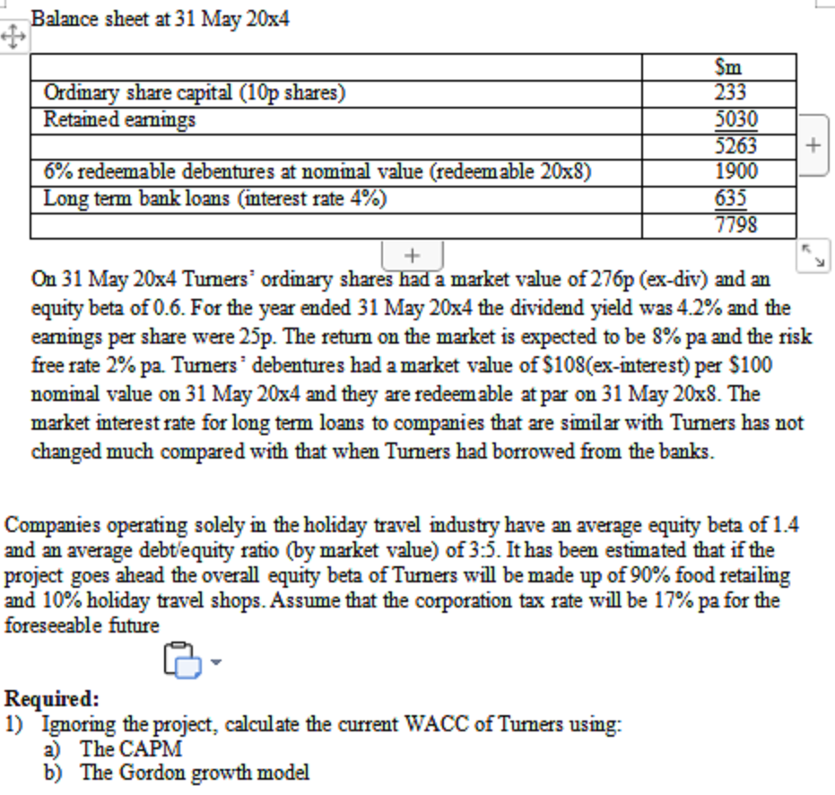 Balance sheet at 31 May 20x4
Sm
233
Ordimary share capital (10p shares)
Retained eamings
5030
5263
1900
6% redeemable debentures at nominal value (redeemable 20x8)
Long term bank loans (interest rate 4%)
635
7798
On 31 May 20x4 Tumers' ordinary shares had a market value of 276p (ex-div) and an
equity beta of 0.6. For the year ended 31 May 20x4 the dividend yield was 4.2% and the
share were 25p. The retum on the market is expected to be 8% pa and the risk
$100
eamings per
free rate 2% pa. Tumers debentures had a market value of $108(ex-imterest) per
nominal value on 31 May 20x4 and they are redeemable at par on 31 May 20x8. The
market interest rate for long term loans to companies that are similar with Tumers has not
changed much compared with that when Tumers had borrowed from the banks.
Companies operating solely in the holiday travel industry have an average equity beta of 1.4
and an average debt'equity ratio (by market value) of 3:5. It has been estimated that if the
project goes ahead the overall equity beta of Tumers will be made up of 90% food retailing
and 10% holiday travel shops. Assume that the corporation tax rate will be 17% pa for the
foreseeable future
Required:
1) Igmoring the project, calculate the current WACC of Tumers using:
a) The CAPM
b) The Gordon growth model
+
