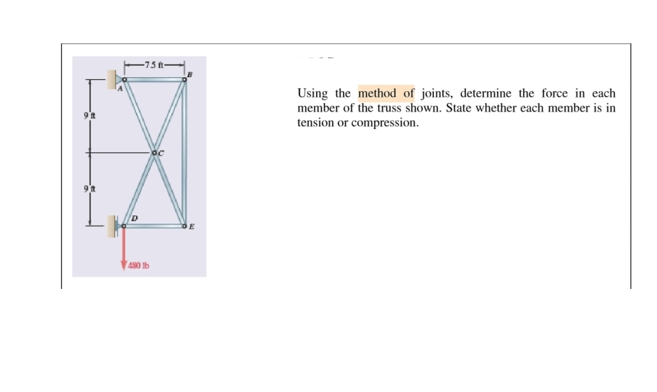 9 ft
9 ft
16²
-75-
480 lb
E
Using the method of joints, determine the force in each
member of the truss shown. State whether each member is in
tension or compression.