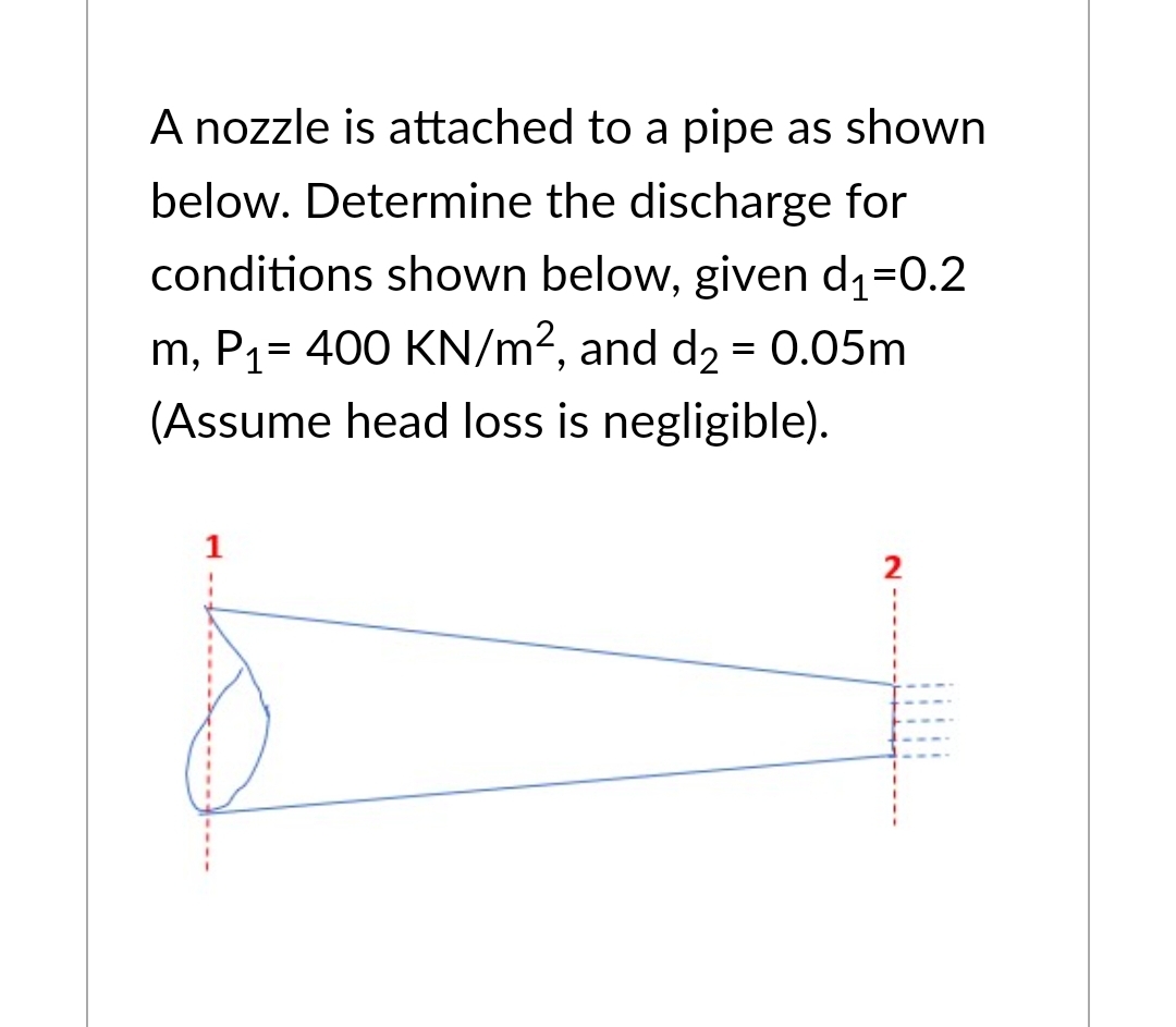 A nozzle is attached to a pipe as shown
below. Determine the discharge for
conditions shown below, given d₁=0.2
m, P₁= 400 KN/m², and d₂ = 0.05m
(Assume head loss is negligible).
1
1