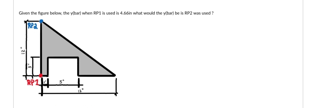 Given the figure below, the y(bar) when RP1 is used is 4.66in what would the y(bar) be is RP2 was used?
RP2
RP1
5"
12