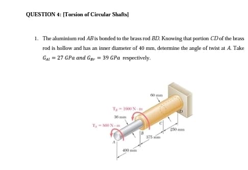 QUESTION 4: [Torsion of Circular Shafts]
1. The aluminium rod ABis bonded to the brass rod BD. Knowing that portion CD of the brass
rod is hollow and has an inner diameter of 40 mm, determine the angle of twist at A. Take
GAI = 27 GPa and Gpr = 39 GPa respectively.
60 mm
T- 1600 N - m
36 mm
T- S00 N. m
250 mm
375 mim
400 mm
