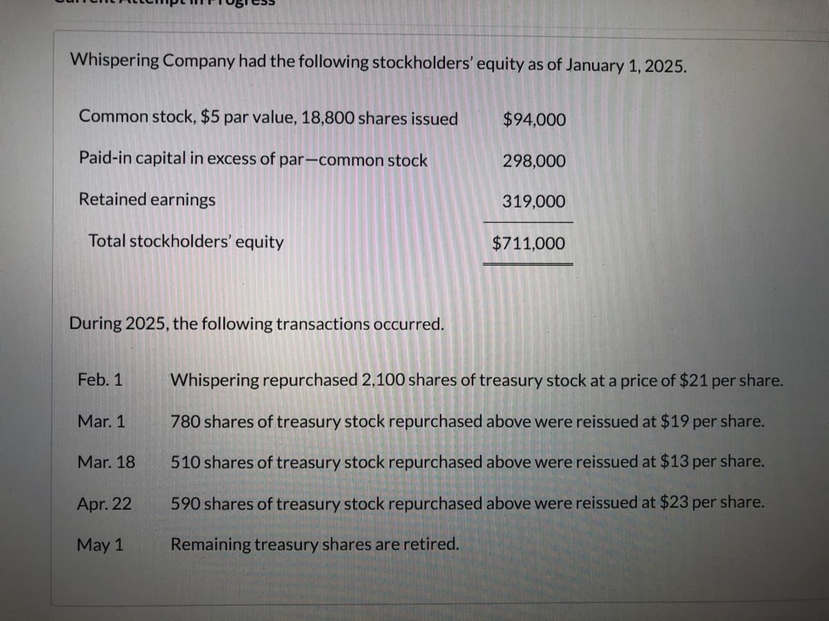 Whispering Company had the following stockholders' equity as of January 1, 2025.
Common stock, $5 par value, 18,800 shares issued
Paid-in capital in excess of par-common stock
Retained earnings
Total stockholders' equity
During 2025, the following transactions occurred.
Feb. 1
Mar. 1
Mar. 18
Apr. 22
May 1
$94,000
298,000
319,000
$711,000
Whispering repurchased 2,100 shares of treasury stock at a price of $21 per share.
780 shares of treasury stock repurchased above were reissued at $19 per share.
510 shares of treasury stock repurchased above were reissued at $13 per share.
590 shares of treasury stock repurchased above were reissued at $23 per share.
Remaining treasury shares are retired.