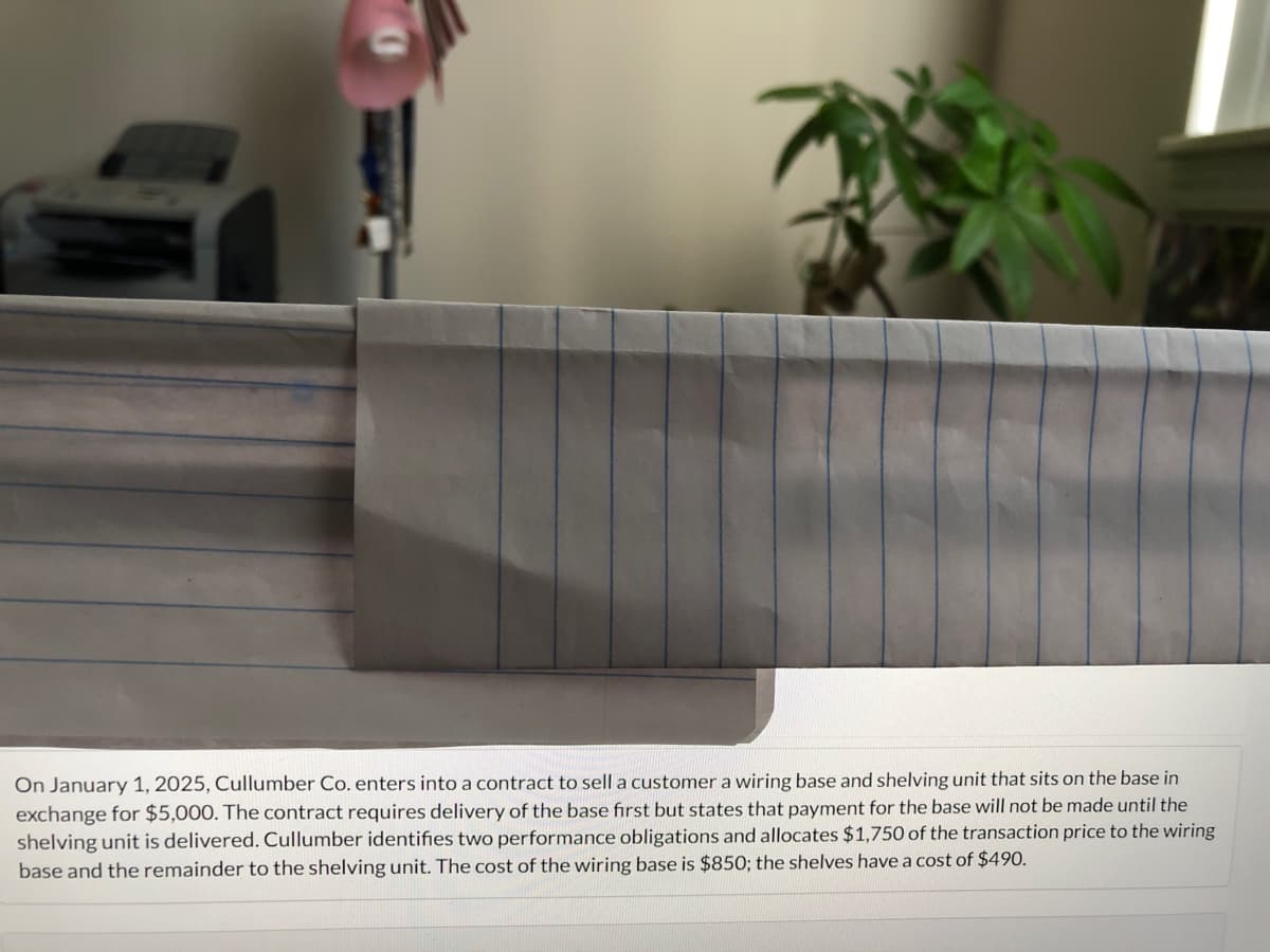 On January 1, 2025, Cullumber Co. enters into a contract to sell a customer a wiring base and shelving unit that sits on the base in
exchange for $5,000. The contract requires delivery of the base first but states that payment for the base will not be made until the
shelving unit is delivered. Cullumber identifies two performance obligations and allocates $1,750 of the transaction price to the wiring
base and the remainder to the shelving unit. The cost of the wiring base is $850; the shelves have a cost of $490.