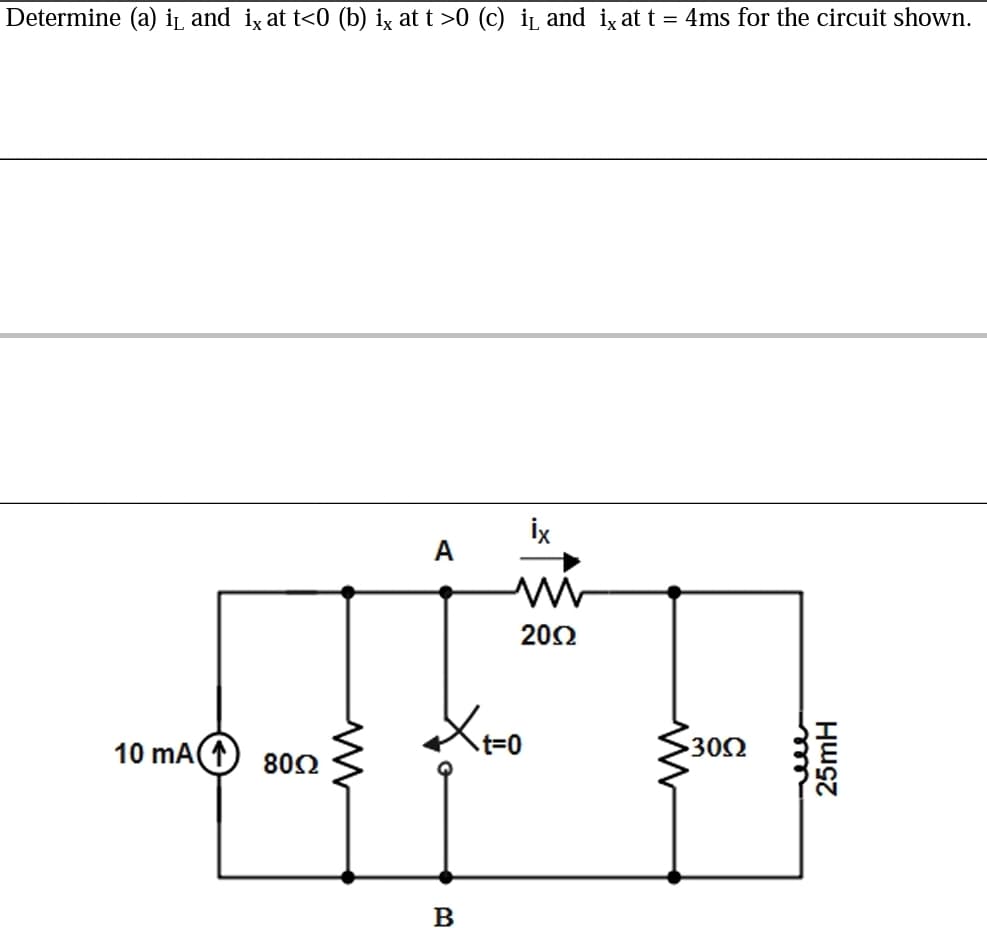 Determine (a) iL and ix at t<0 (b) ix at t >0 (c) i and ix at t = 4ms for the circuit shown.
İx
A
202
10 mA( 80N
302
B
Husz
