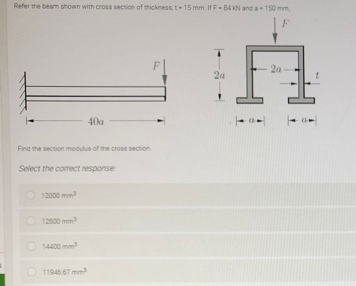 Refer the beam shown with cross section of thickness, t = 15 mm. If F = 84 kN and a = 150 mm,
F
2a
40a
Find the section modulus of the cross section.
Select the correct response:
12000 mm³
12800 mm³
14400 mm³
11946.67 mm³
|
2a-