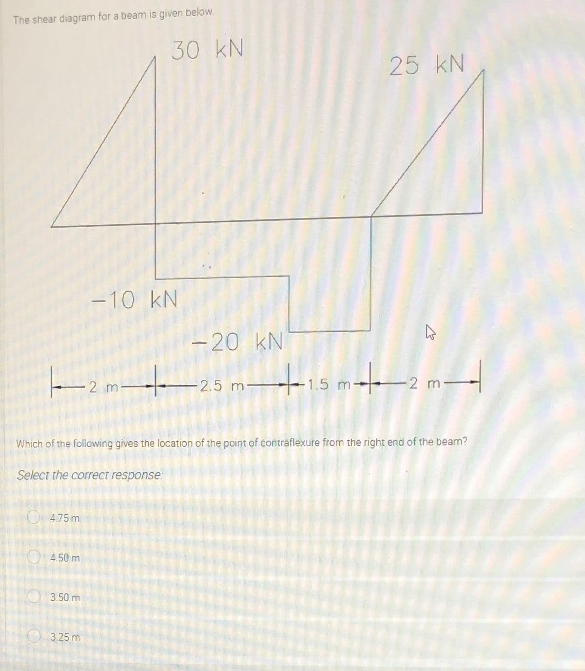 The shear diagram for a beam is given below.
30 kN
25 kN
–10 kN
-20
– 20 kN
tismaaam-
2 m
-2.5 m
2 m-
Which of the following gives the location of the point of contraflexure from the right end of the beam?
Select the correct response
4.75 m
O4.50 m
3.50 m
3.25 m
