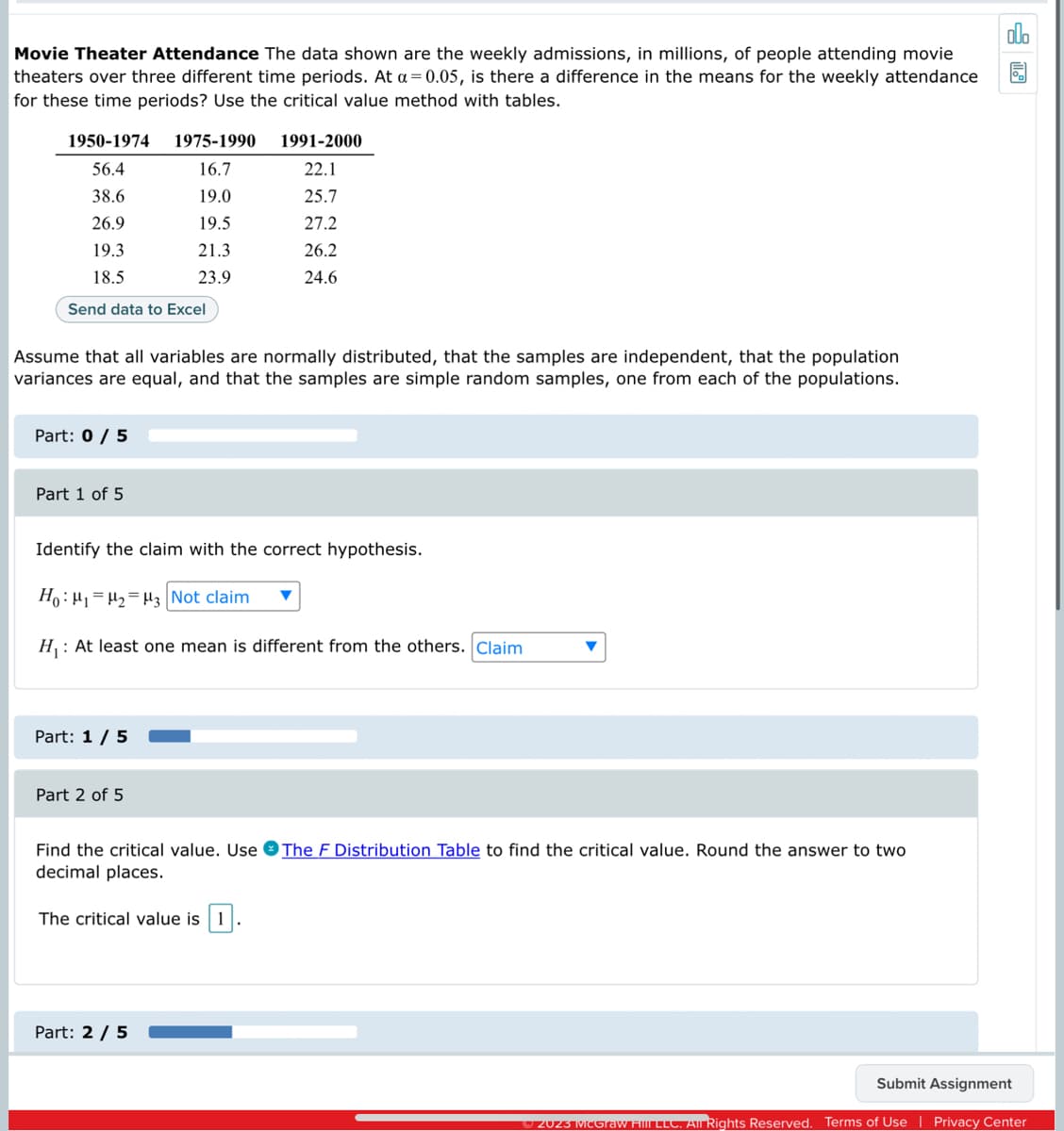 Movie Theater Attendance The data shown are the weekly admissions, in millions, of people attending movie
theaters over three different time periods. At a = 0.05, is there a difference in the means for the weekly attendance
for these time periods? Use the critical value method with tables.
1950-1974
56.4
38.6
26.9
19.3
18.5
Send data to Excel
Part: 0 / 5
Part 1 of 5
Assume that all variables are normally distributed, that the samples are independent, that the population
variances are equal, and that the samples are simple random samples, one from each of the populations.
1975-1990
16.7
19.0
19.5
Part: 1 / 5
Part 2 of 5
21.3
23.9
Identify the claim with the correct hypothesis.
Ho: M₁ M₂ M3 Not claim
H₁: At least one mean is different from the others. Claim
1991-2000
22.1
25.7
27.2
26.2
24.6
Part: 2 / 5
Find the critical value. Use The F Distribution Table to find the critical value. Round the answer to two
decimal places.
The critical value is 1.
Submit Assignment
Ⓒ2023 McGraw Hilll LLC. All Rights Reserved. Terms of Use | Privacy Center