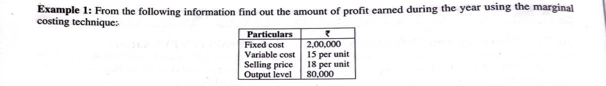 Example 1: From the following information find out the amount of profit earned during the year using the marginal
costing technique:
Particulars
Fixed cost
Variable cost
2,00,000
unit
Selling price
Output level
15 per
18 per unit
80,000
