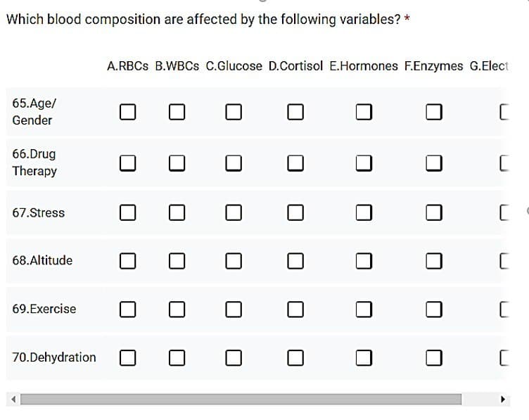 Which blood composition are affected by the following variables? *
65.Age/
Gender
66.Drug
Therapy
67.Stress
68.Altitude
69.Exercise
70.Dehydration
A.RBCs B.WBCs C.Glucose D.Cortisol E.Hormones F.Enzymes G.Elect
C
[
C