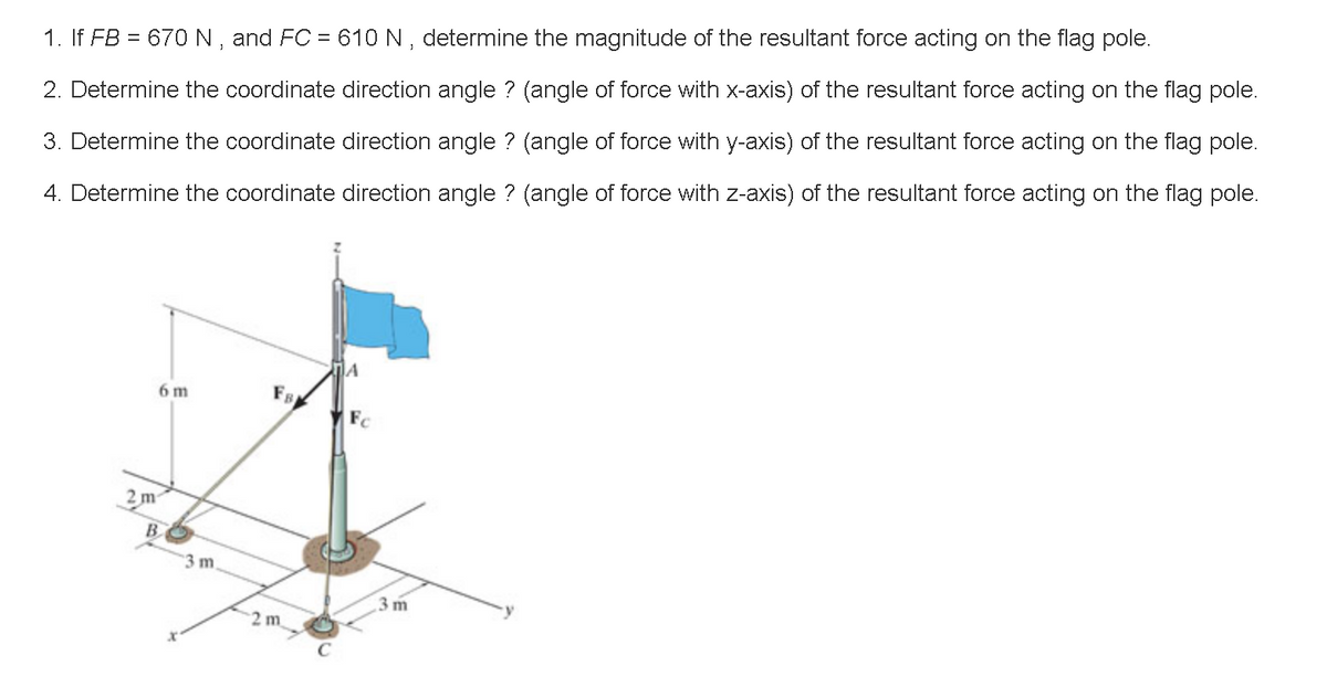 1. If FB = 670 N , and FC = 61O N, determine the magnitude of the resultant force acting on the flag pole.
%3D
2. Determine the coordinate direction angle ? (angle of force with x-axis) of the resultant force acting on the flag pole.
3. Determine the coordinate direction angle ? (angle of force with y-axis) of the resultant force acting on the flag pole.
4. Determine the coordinate direction angle ? (angle of force with z-axis) of the resultant force acting on the flag pole.
6 m
Fc
2m
B
3 m.
3 m
2 m
