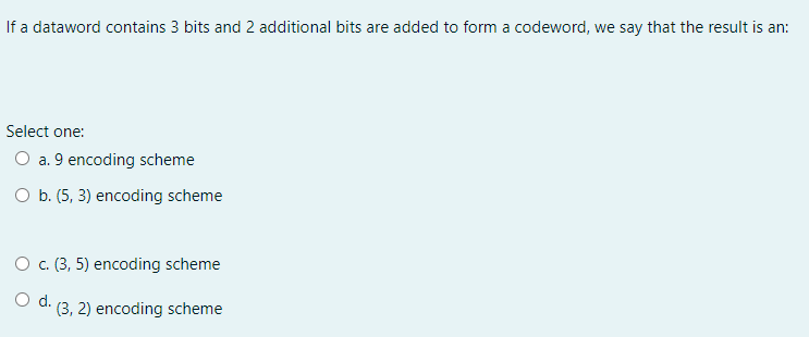 If a dataword contains 3 bits and 2 additional bits are added to form a codeword, we say that the result is an:
Select one:
O a. 9 encoding scheme
O b. (5, 3) encoding scheme
O c. (3, 5) encoding scheme
Od.
(3, 2) encoding scheme
