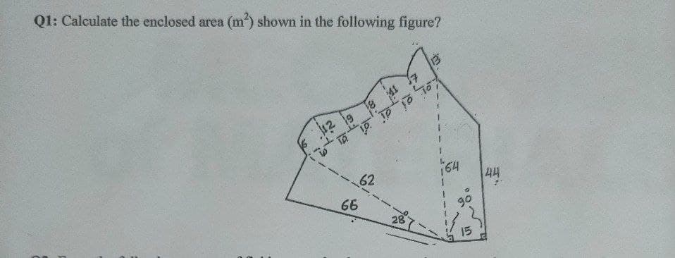 Q1: Calculate the enclosed area (m) shown in the following figure?
8 1 7
12 19
62
64
44
66
go
28
15
