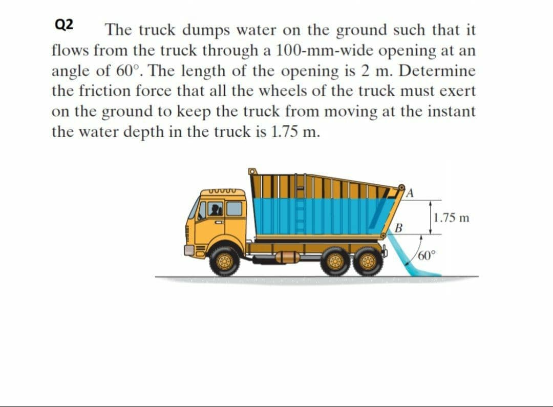 Q2
The truck dumps water on the ground such that it
flows from the truck through a 100-mm-wide opening at an
angle of 60°. The length of the opening is 2 m. Determine
the friction force that all the wheels of the truck must exert
on the ground to keep the truck from moving at the instant
the water depth in the truck is 1.75 m.
A
1.75 m
B
60°
