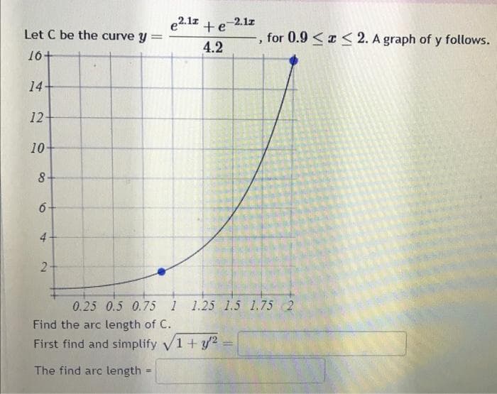 Let C be the curve y
10+
14+
12
10-
8-
6+
4
2-
e².12 +e-2.12
4.2
Find the arc length of C.
First find and simplify √1+ y2
The find arc length
=
>
0.25 0.5 0.75 1 1.25 1.5 1.75 2
for 0.9 << 2. A graph of y follows.