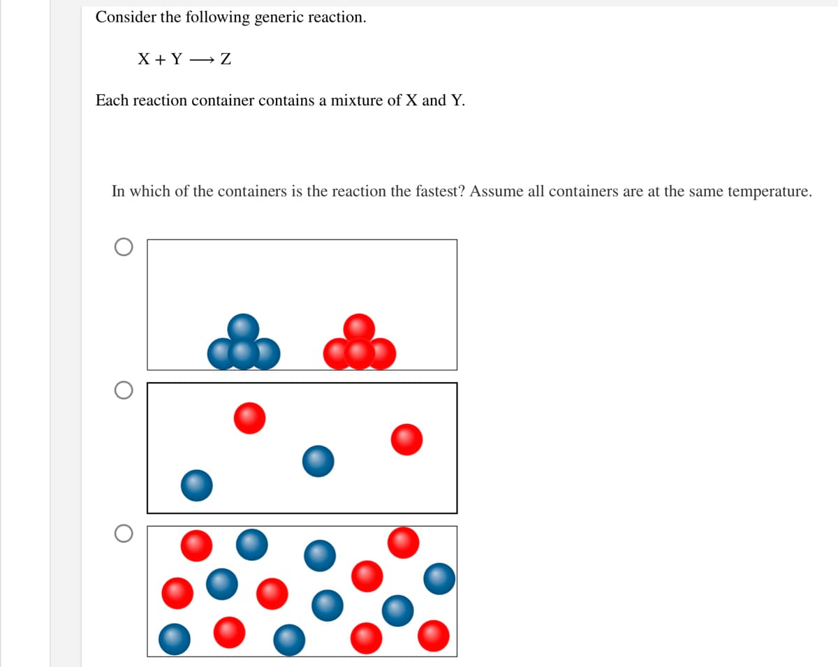 Consider the following generic reaction.
X + Y → Z
Each reaction container contains a mixture of X and Y.
In which of the containers is the reaction the fastest? Assume all containers are at the same temperature.
