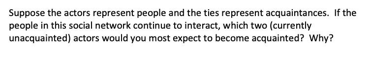 Suppose the actors represent people and the ties represent acquaintances. If the
people in this social network continue to interact, which two (currently
unacquainted) actors would you most expect to become acquainted? Why?
