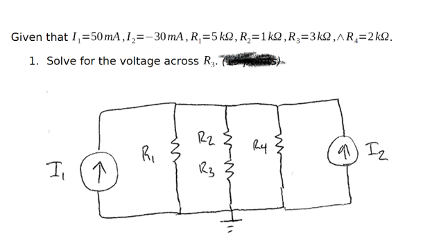 Given that I₁=50 mA, I₂=-30 mA, R₁=5 k2, R₂=1k2, R₂=3k2,^R₂=2kQ2.
1. Solve for the voltage across R.₂.
I₁
↑
R₁
122
123
"
R4
91) I₂