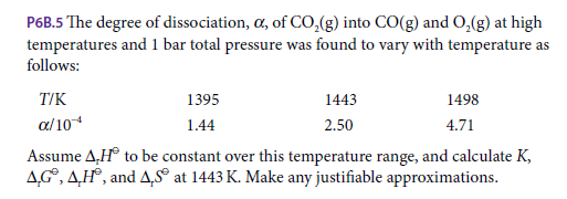 P6B.5 The degree of dissociation, a, of Co,(g) into CO(g) and O,(g) at high
temperatures and 1 bar total pressure was found to vary with temperature as
follows:
T/K
1395
1443
1498
a/10
1.44
2.50
4.71
Assume A,H° to be constant over this temperature range, and calculate K,
AG°, AH°, and A,S° at 1443 K. Make any justifiable approximations.
