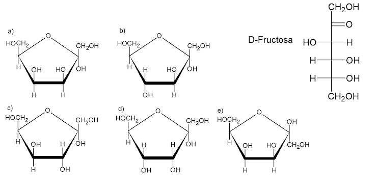 CH2OH
O:
a)
b)
D-Fructosa но-
HOCH2
CH2OH
HOCH2
CH,OH
HO-
он
но
ÓH
H
HO / ÓH
-OH-
ČH2OH
он
c)
d)
e)
HOCH,
CH,OH
HOCH,
CH,OH HOCH2
OH
OH
он
HỌ / CH2OH
H
H.
он
OH
OH
OH
он
T.
