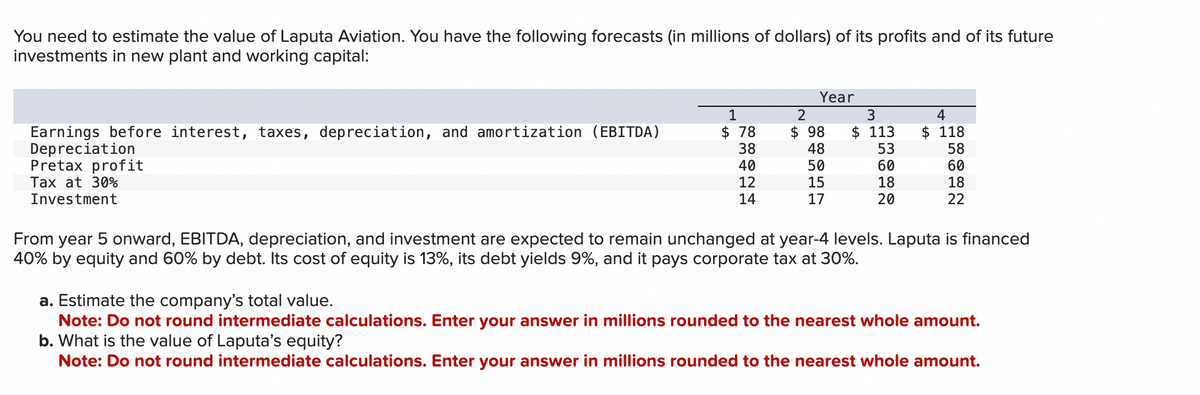 You need to estimate the value of Laputa Aviation. You have the following forecasts (in millions of dollars) of its profits and of its future
investments in new plant and working capital:
Earnings before interest, taxes, depreciation, and amortization (EBITDA)
Depreciation
Pretax profit
Tax at 30%
Investment
1
$78
38
40
12
14
Year
2
3
$98 $113
48
50
15
17
53
60
18
20
4
$ 118
58
60
18
22
From year 5 onward, EBITDA, depreciation, and investment are expected to remain unchanged at year-4 levels. Laputa is financed
40% by equity and 60% by debt. Its cost of equity is 13%, its debt yields 9%, and it pays corporate tax at 30%.
a. Estimate the company's total value.
Note: Do not round intermediate calculations. Enter your answer in millions rounded to the nearest whole amount.
b. What is the value of Laputa's equity?
Note: Do not round intermediate calculations. Enter your answer in millions rounded to the nearest whole amount.