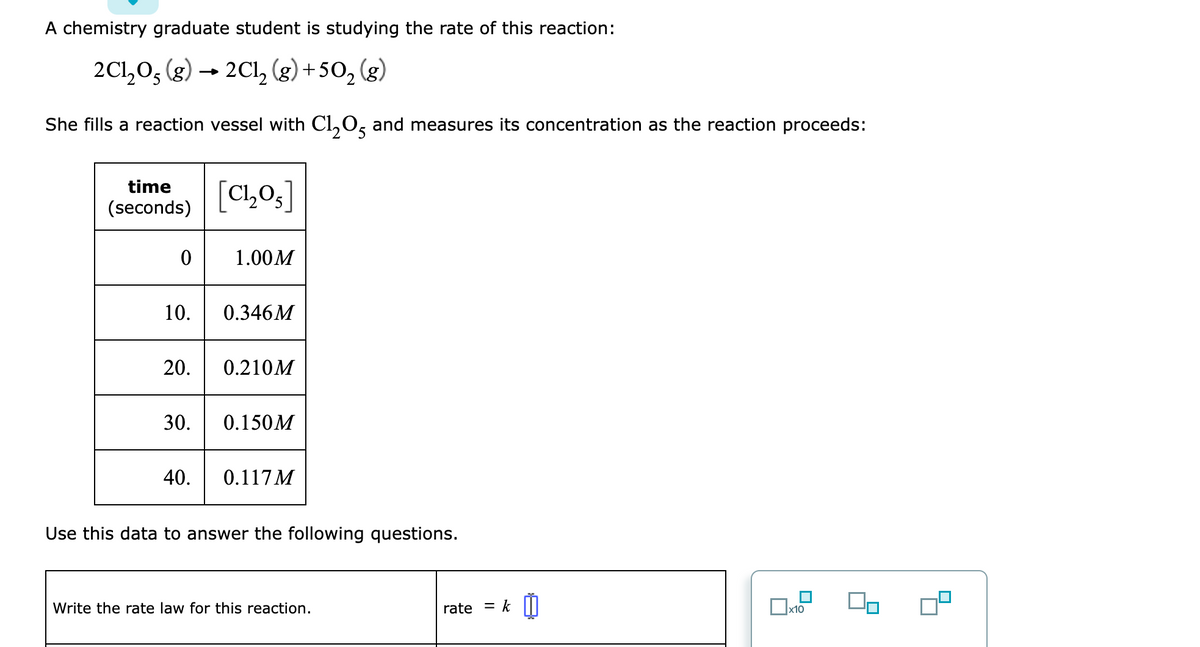 A chemistry graduate student is studying the rate of this reaction:
2Cl,0, (g) → 2Cl, (g) +50, (g)
She fills a reaction vessel with Cl,O, and measures its concentration as the reaction proceeds:
time
[C,0,]
(seconds)
1.00M
10.
0.346M
20.
0.210M
30.
0.150M
40.
0.117M
Use this data to answer the following questions.
Write the rate law for this reaction.
rate = k |||
