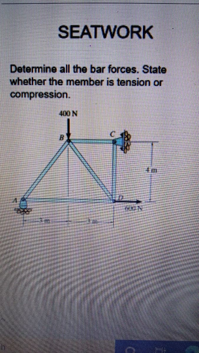 SEATWORK
Determine all the bar forces. State
whether the member is tension or
compression.
400 N
