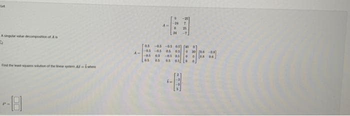 let
A singular value decomposition of A
Find the least squares solution of the near system Al-where
48
A-
A=
0.5 -0.5 -0.5 0.5] [40 07
05 05 0
-05-05
as 05 05
as 05 05 05 0
-776