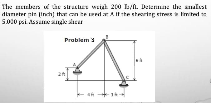 The members of the structure weigh 200 lb/ft. Determine the smallest
diameter pin (inch) that can be used at A if the shearing stress is limited to
5,000 psi. Assume single shear
Problem 3
6 ft
2 ft
4 ft - 3 ft
