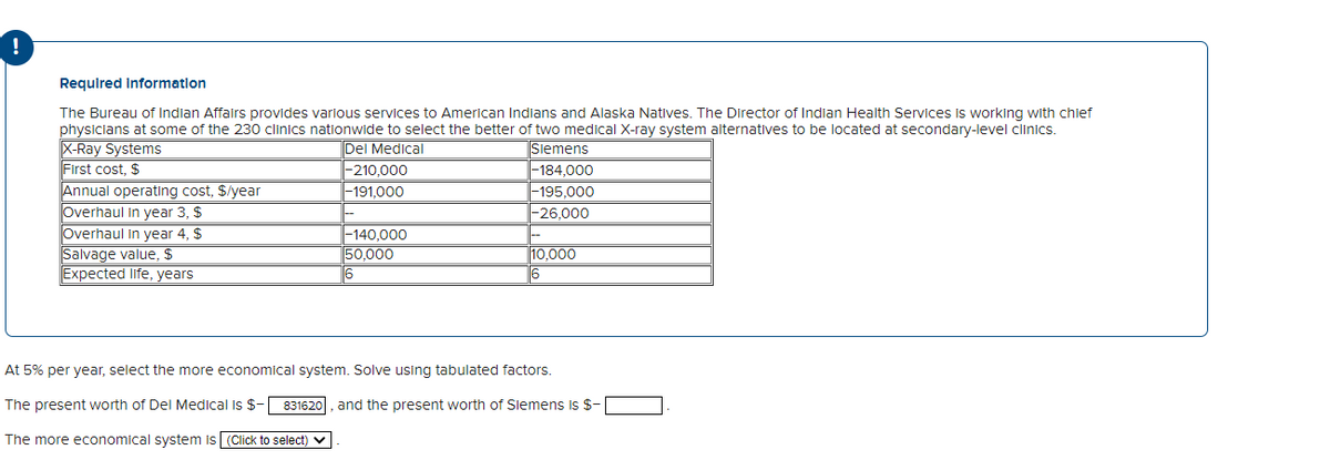 !
Required Information
The Bureau of Indian Affairs provides various services to American Indians and Alaska Natives. The Director of Indian Health Services is working with chief
physicians at some of the 230 clinics nationwide to select the better of two medical X-ray system alternatives to be located at secondary-level clinics.
X-Ray Systems
First cost, $
Annual operating cost, $/year
Overhaul In year 3, $
Overhaul in year 4, $
Salvage value, $
Expected life, years
Del Medical
Siemens
-210,000
-184,000
-191,000
-195,000
-26,000
-140,000
50,000
10,000
6
At 5% per year, select the more economical system. Solve using tabulated factors.
The present worth of Del Medical is $-| 831620 and the present worth of Siemens is $-
The more economical system is (Click to select) ▼