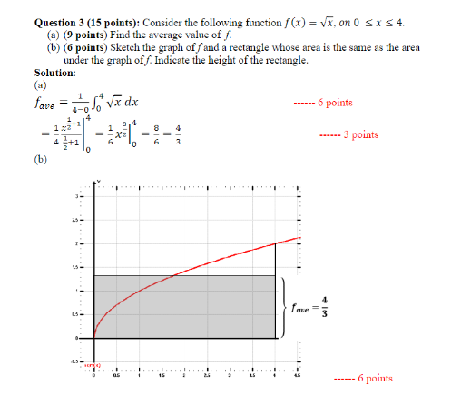 Question 3 (15 points): Consider the following function f(x) = √x, on 0 ≤ x ≤4.
(a) (9 points) Find the average value of f.
(b) (6 points) Sketch the graph off and a rectangle whose area is the same as the area
under the graph off. Indicate the height of the rectangle.
Solution:
(a)
fave
1
=
4-0√ √x dx
(b)
=
6
15
25
25
use
6 points
-- 3 points
•
6 points