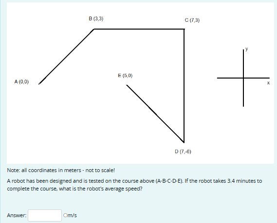 B (3,3)
E (5,0)
A (0,0)
C (7,3)
D (7,-6)
Note: all coordinates in meters - not to scale!
A robot has been designed and is tested on the course above (A-B-C-D-E). If the robot takes 3.4 minutes to
complete the course, what is the robot's average speed?
Answer:
Om/s
X