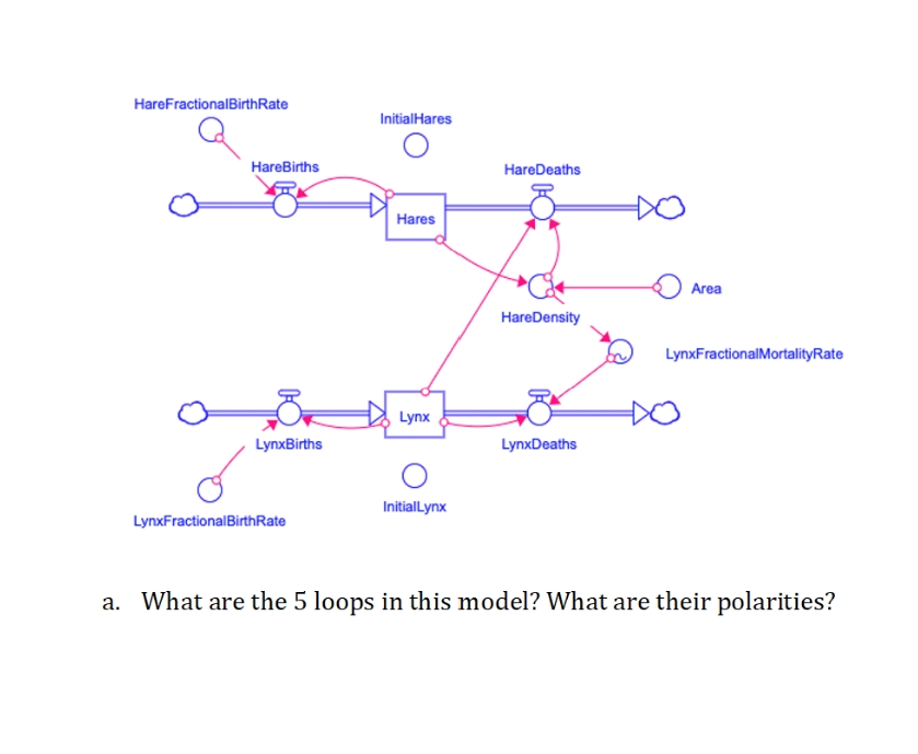 HareFractionalBirthRate
InitialHares
HareBirths
HareDeaths
Hares
Area
HareDensity
LynxFractionalMortalityRate
Lynx
LynxBirths
LynxDeaths
InitialLynx
LynxFractionalBirthRate
a. What are the 5 loops in this model? What are their polarities?
