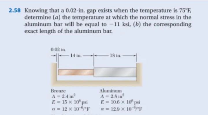 2.58 Knowing that a 0.02-in. gap exists when the temperature is 75°F,
determine (a) the temperature at which the normal stress in the
aluminum bar will be equal to 11 ksi, (b) the corresponding
exact length of the aluminum bar.
0.02 in.
14 in.
18 in.
ਕਰ
Bronze
A = 2.4 in²
E-15 x 105 psi
a = 12 x 10-6/"F
Aluminum
A = 2.8 in²
E = 10.6 x 105 psi
a = 12.9 × 10-5/"F